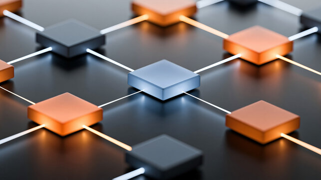 AI agent automation workflow, luminous connected blocks moving information between digital systems, clean premium 3D illustration
