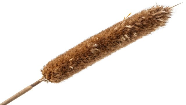 Cattail head with dense brown fluffy texture sits atop a thin stem angled across a plain white backdrop.