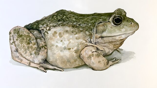 Detailed Watercolor Illustration of a Large Frog with Intricate Textures and Soft Earthy Tones