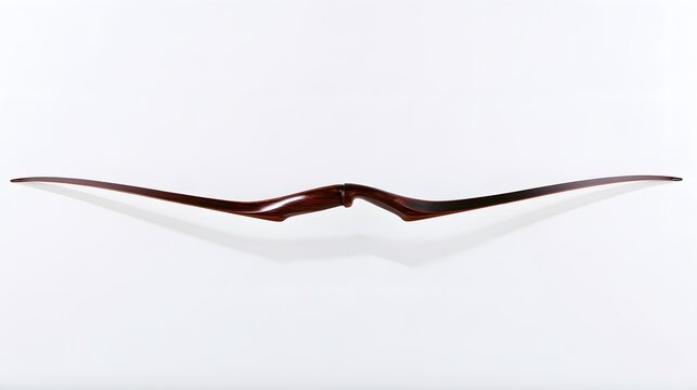 Elegant mahogany wood archery longbow with a polished finish on white background minimalist design