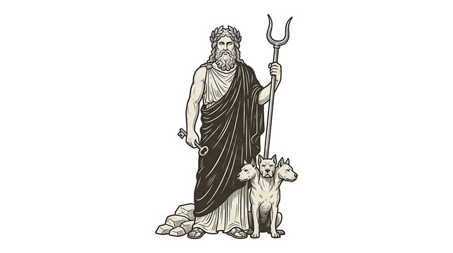 Ancient Greek Mythology Illustration of Hades God of the Underworld with Cerberus Three Headed Dog