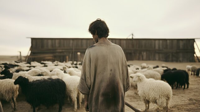Rugged shepherd in a tattered tunic overlooks a vast flock of sheep near an old rustic wooden barn
