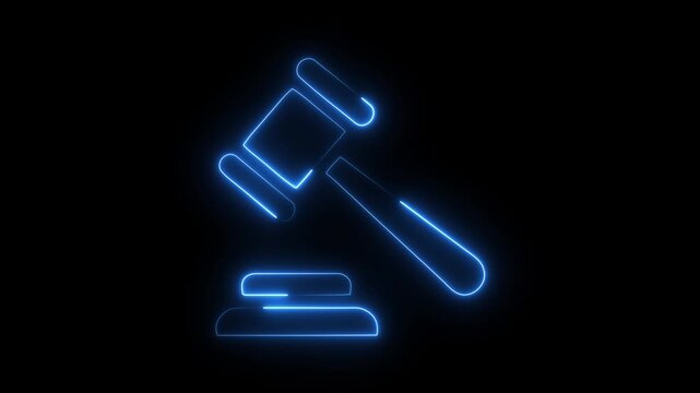 Blue neon glowing judge gavel and sound block icon animation on black background for law