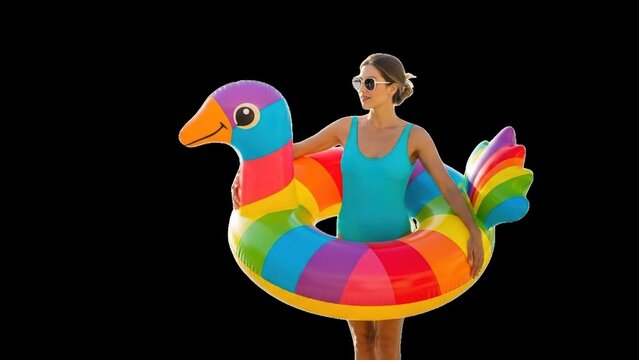 Beautiful young woman in blue swimwear holding a colorful inflatable duck pool float isolated on black background