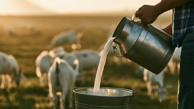 Farmer pouring raw goat milk into a bucket, symbolizing organic farming, natural produce, and sustainable dairy