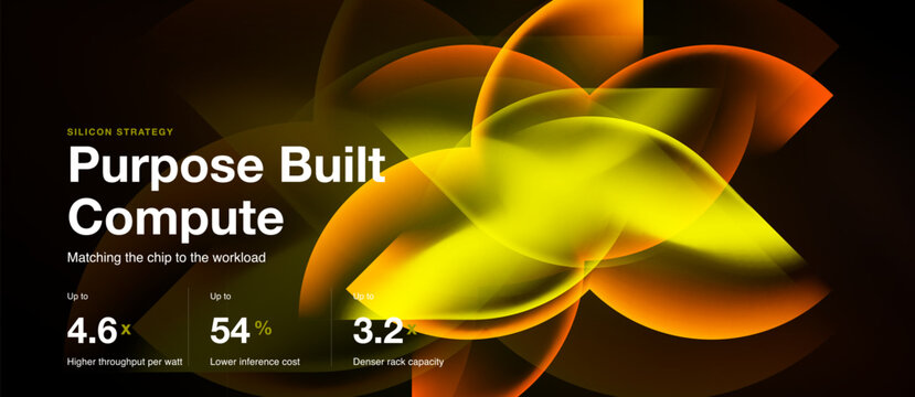 Abstract floral design. Yellow petals radiate from center. Text highlights compute performance metrics. Dark background provides contrast.