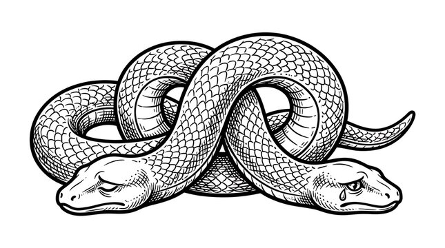 Detailed hand-drawn engraving of a sad two-headed snake entwined in a knot, bicephalic serpent art