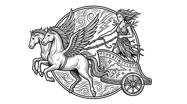 Vintage Engraving Style Illustration of a Mythological Goddess in a Chariot with Winged Pegasus Horses