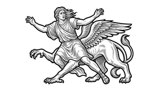 Ancient Greek Hero Battling a Mythical Winged Chimera Monster Engraving Style Illustration Vector