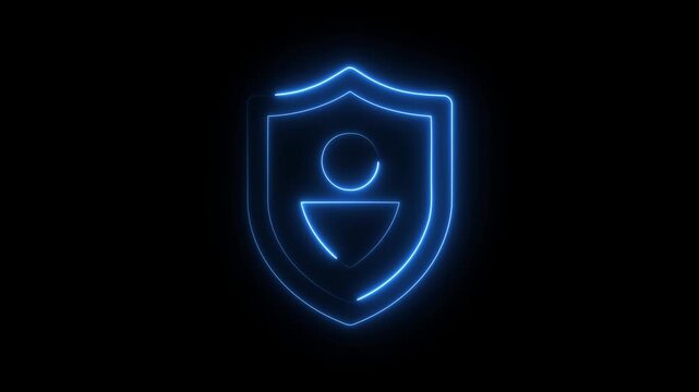 Glowing blue neon shield icon with person silhouette representing personal security and digital data protection