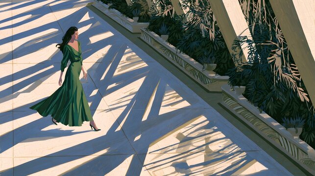 Woman in emerald green silk gown walking across a sun drenched plaza