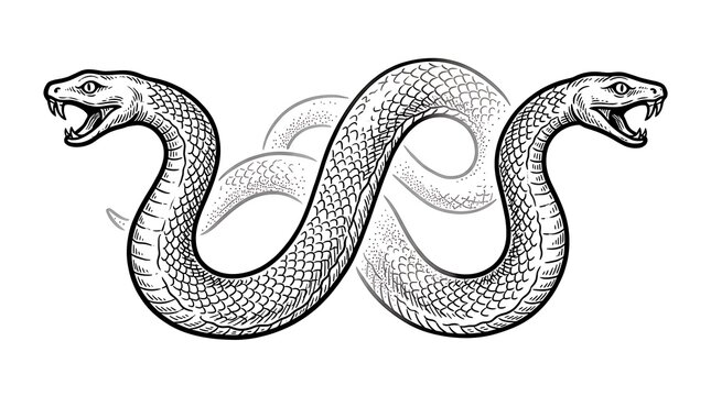 Aggressive Two Headed Snake Illustration with Detailed Scales and Sharp Fangs Hand Drawn Engraving