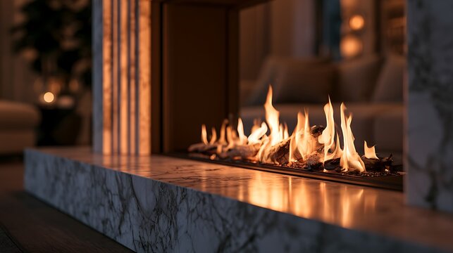 Modern fireplace with burning flames in cozy living room interior.
