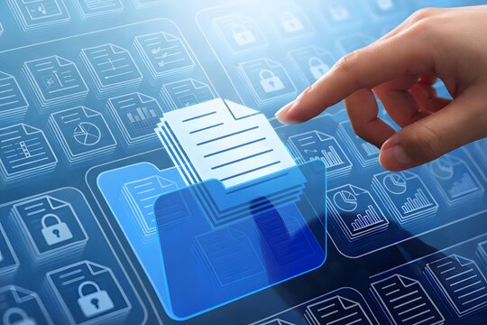 Document management system DMS in business. Digital file archive storage technology. Businessman touching file icon on many folders.