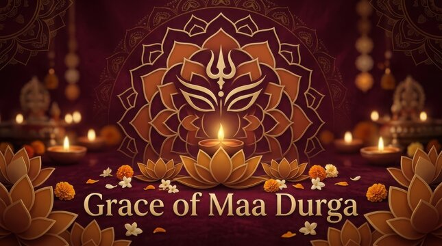Grace of maa durga banner with trishul symbol and third eye on lotus pattern background for navratri festival greeting.