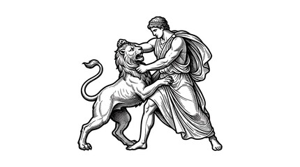 Fototapeta premium Classical Engraving of Greek Hero Hercules Wrestling the Nemean Lion Symbolizing Strength and Power