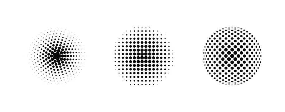 Halftone Sphere and Circle Pattern Vector Set Isolated on White Background