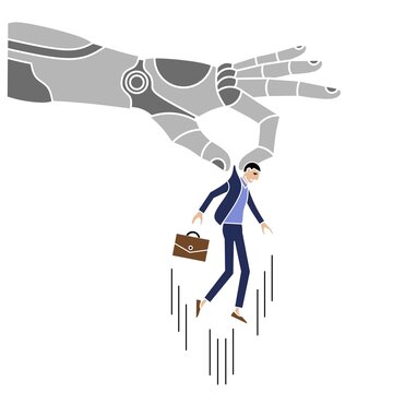 Hand robot AI layoff human flat vector,robot artificial inteligence layoff human job design flat,AI robot layoff human job flat design image,AI technology layoff human job flat icon