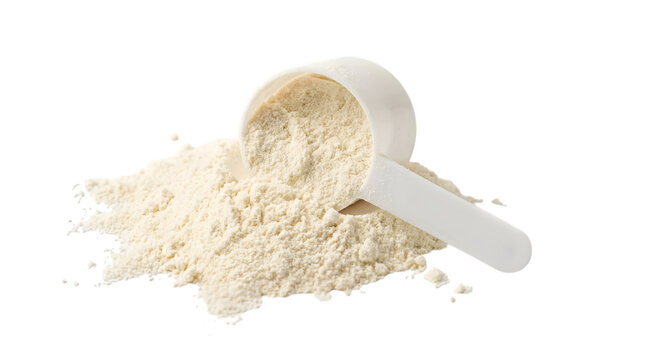 Whey protein powder with plastic measuring scoop, vanilla nutritional supplement for bodybuilding, fitness sports nutrition on white background