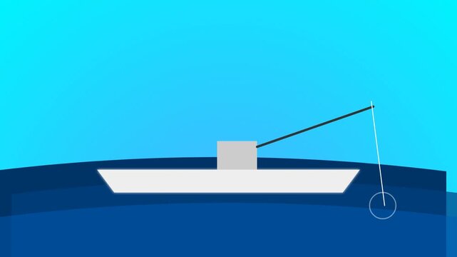 Minimalist boat floating on stylized blue ocean waves