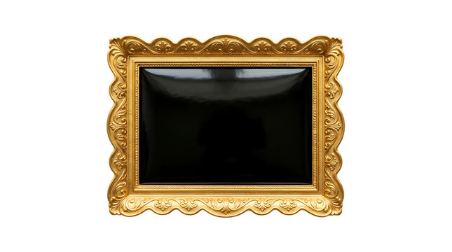 Ornate gold picture frame with black canvas, vintage baroque style border, antique gilded wooden frame isolated on white background for gallery art display