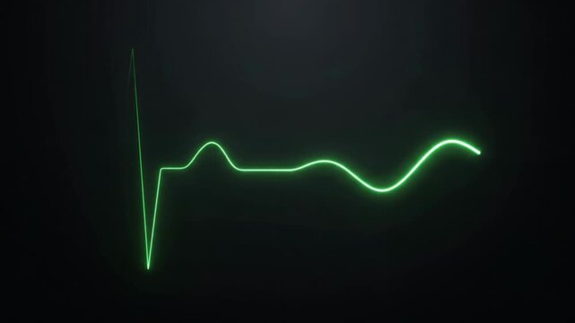 Green glowing heartbeat line animation on a dark background representing a medical ECG monitor.