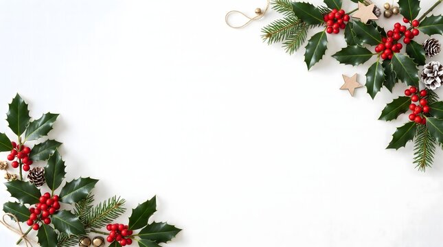 Christmas festive background with holly berries and green leaves arranged in opposite corners on a white surface