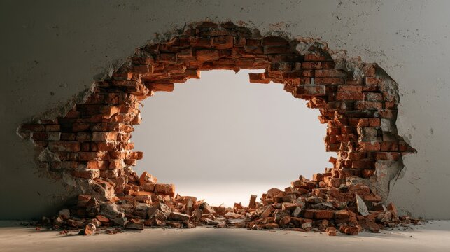 Large broken hole in brick wall with rubble debris on floor representing damage destruction or renovation concept