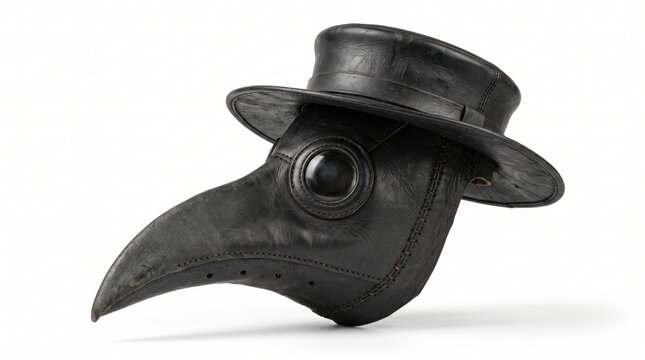 Black leather plague doctor mask with a vintage hat