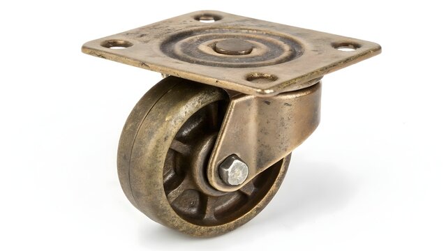 Caster wheel constructed from heavy metal provides mobile support for industrial furniture and carts.