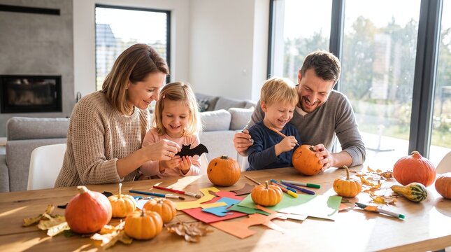 Happy Family Carving Pumpkins for Halloween Autumn Activity