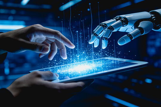 A human hand and a robotic hand reach toward a tablet emitting glowing digital particles, representing human-robot interaction in tech.
