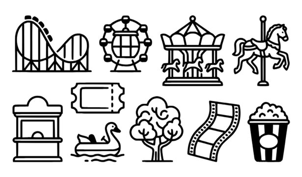 Funfair and Amusement Park Black White Vector Icons for Entertainment and Leisure