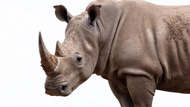 Rhinoceros with a detailed texture and prominent horn stands on a white background in studio lighting. The large mammal is isolated on white background. Video made using Generative AI.