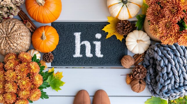 Welcoming autumn porch with hi doormat, pumpkins, chrysanthemums, and fall leaves decorations