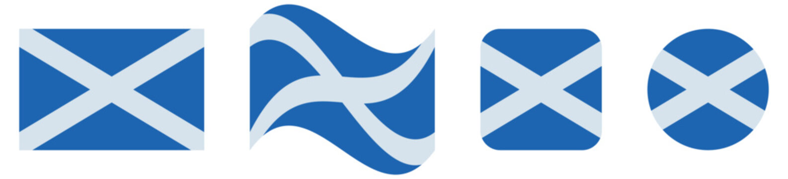Scotland national flag collection featuring rectangle, waving banner, rounded square and circle icon shapes, flat vector illustration isolated on white background for travel and geography