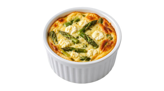 Asparagus Frittata Baked in White Ceramic Ramekin with Goat Cheese