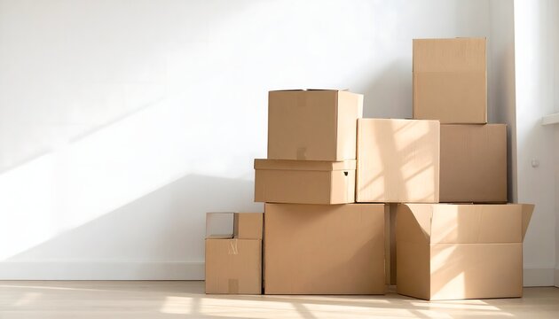 Cajas de cart&oacute;n apiladas en una habitaci&oacute;n vac&iacute;a y luminosa con luz natural