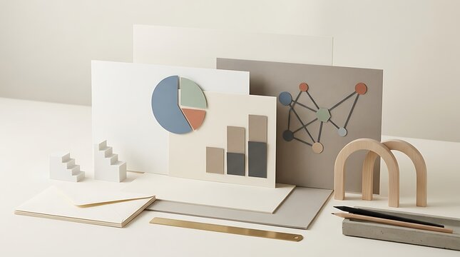 Business charts and data graphs on paper boards with office stationery items. Thesis layout inspiration 