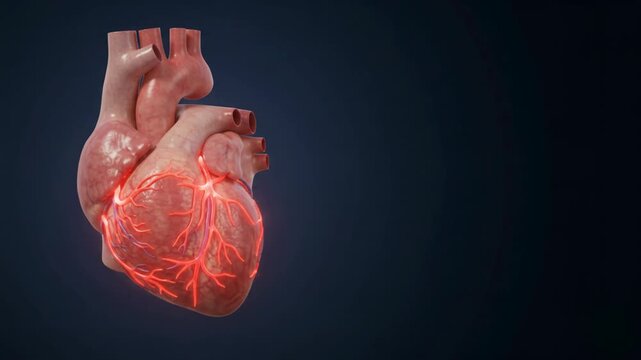3D anatomical animation of a human heart with electrical impulses and copy space on a dark background