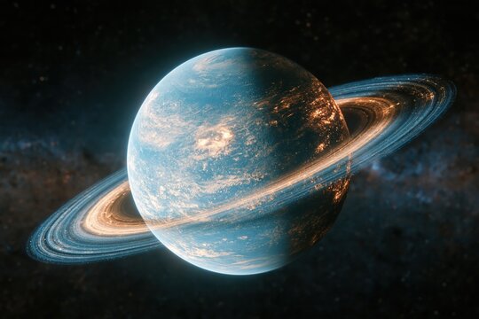 Planet with rings in space shows celestial features and dark background