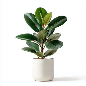 Potted Ficus Elastica Rubber Plant Isolated on White Background