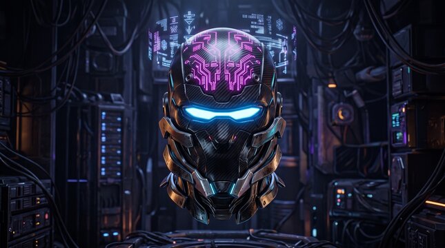Samurai-inspired cyber hacker mask combining carbon fiber armor, blue luminous visor and neon pink purple circuitry in a dramatic futuristic technology design.