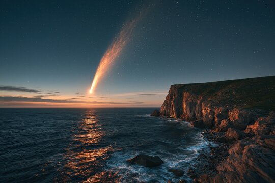 Bright comet streaks across the evening sky above rocky coast and ocean
