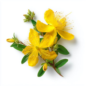 Yellow St John's Wort Flowers Branch Isolated on White Background