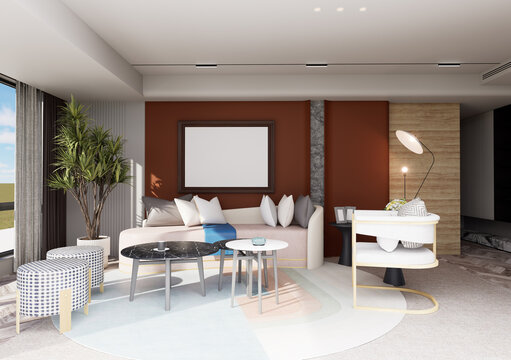 Smooth cinematic footage inside a contemporary luxury living room featuring elegant furniture, warm terracotta walls, natural wood finishes, marble tables, indoor plants, and soft daylight.