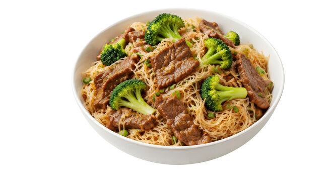 Beef and Broccoli Stir Fry with Rice Vermicelli in White Bowl