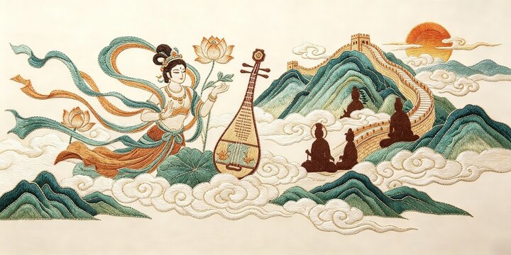 Traditional Chinese Embroidery Art Flying Apsara Holding Lotus And Pipa Great Wall