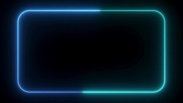 Glowing blue neon rectangular frame with rounded corners isolated on a black background with copy space