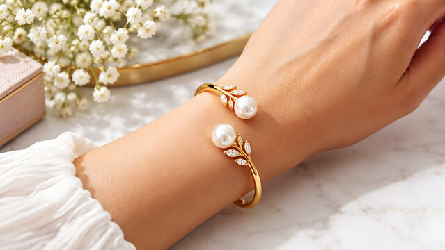 Baby foot with delicate gold bracelet and pearl detail close up
